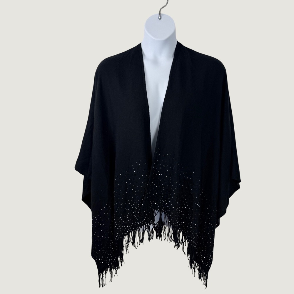 Adrienne Vittadini Black Studded Fringe Poncho Wrap Shawl One Size Boho Chic